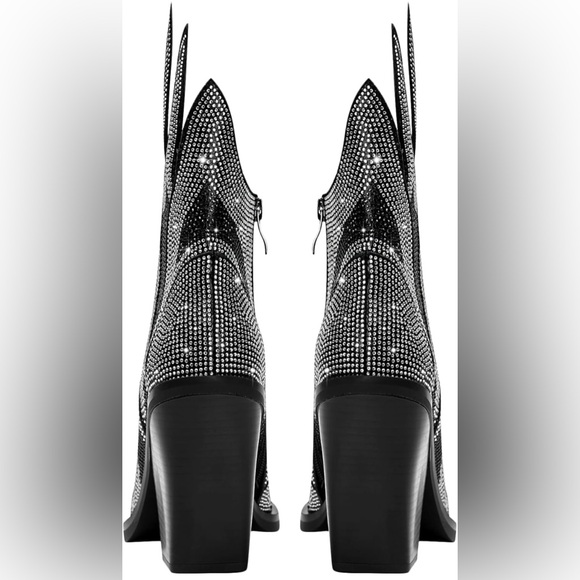Rhinestone Flame Pointed Toe Block Heel Sparkly Cowboy Ankle Booties - Picture 3 of 8